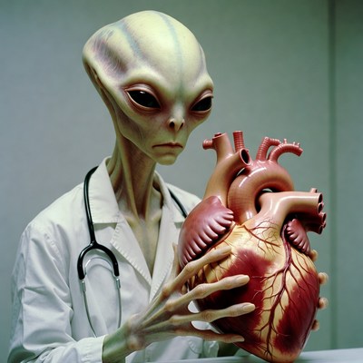 Alien doctor holding human heart