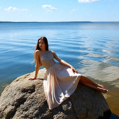 Woman lounging on rock by lake
