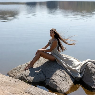 Woman in white dress on lakeside rock