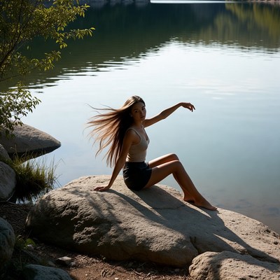 Young woman sitting on rock by lake