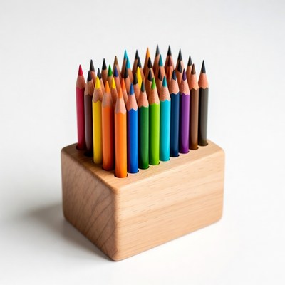 Colorful Pencils in Wooden Holder