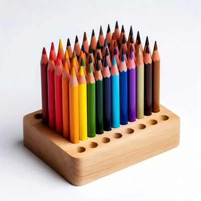 Colorful Pencils in Wooden Holder
