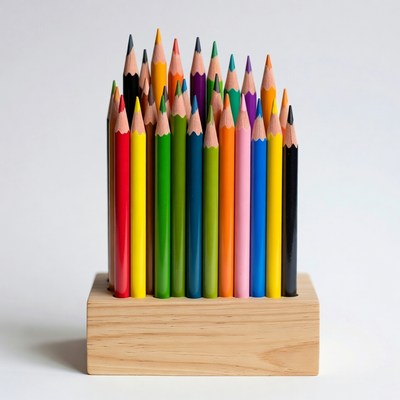 Colorful Pencils in Wooden Holder