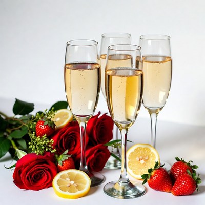 Champagne Glasses with Strawberries and Lemons
