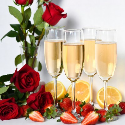 Champagne Glasses with Roses Strawberries Lemons