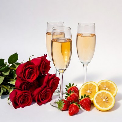Champagne Glasses with Roses Strawberries Lemons