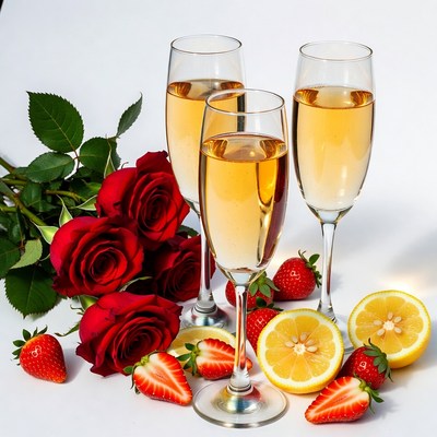 Three Champagne Glasses with Roses Strawberries