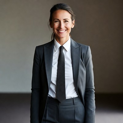 Smiling woman in gray suit and tie