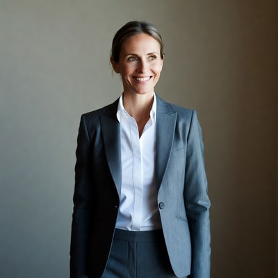 Smiling woman in gray suit