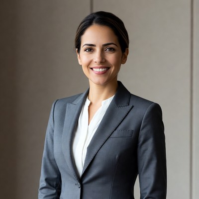 Smiling Latina woman in gray suit