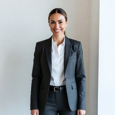 Smiling woman in black business suit