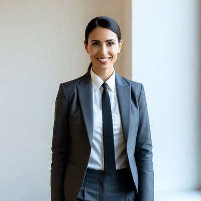 Smiling woman in gray suit and tie