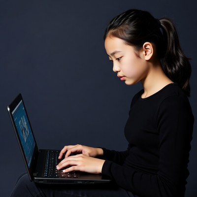 Asian girl typing on laptop