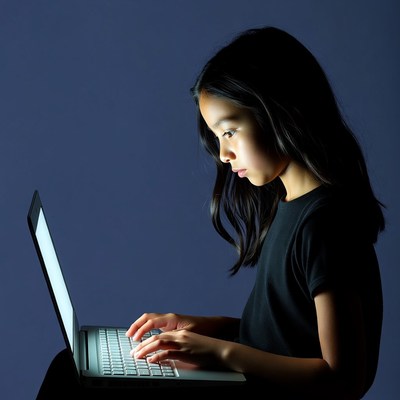 Asian girl typing on laptop