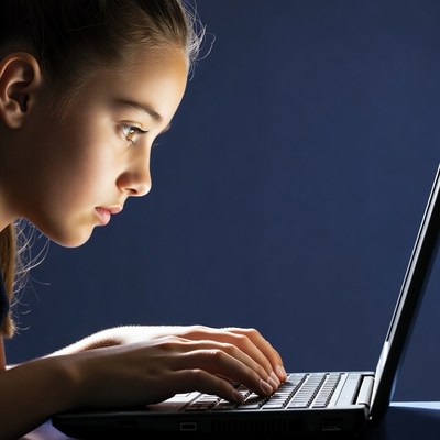 Girl typing on laptop at night