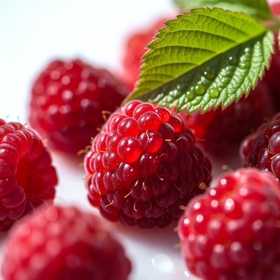 Fresh Raspberries with Green Leaves