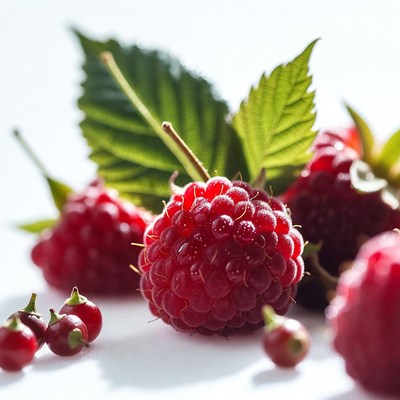 Fresh Raspberries with Green Leaves