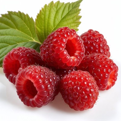 Fresh Raspberries with Green Leaves