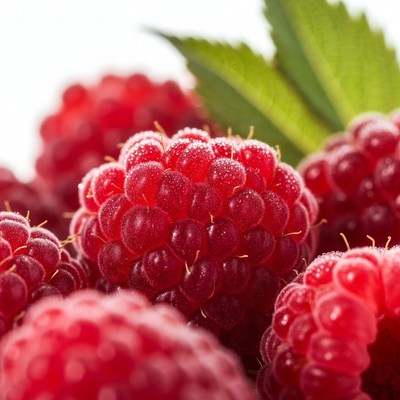 Fresh Raspberries with Green Leaves