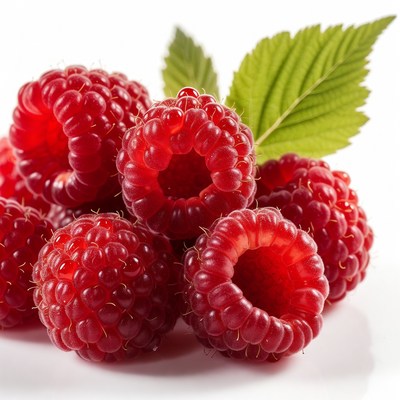 Fresh Raspberries with Green Leaves