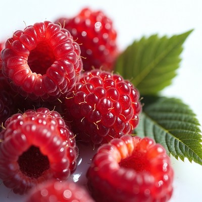 Fresh Raspberries with Leaves