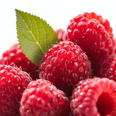 Fresh Raspberries with Green Leaves