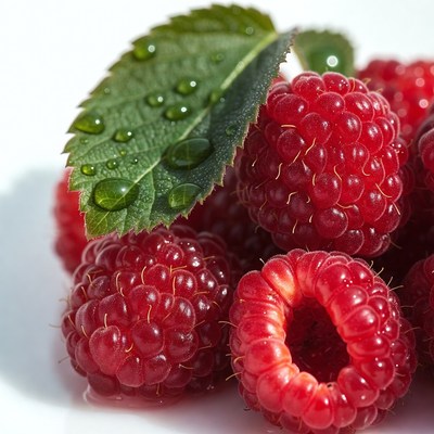 Fresh Raspberries with Dewy Leaves