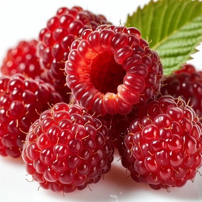 Fresh Raspberries with Leaves
