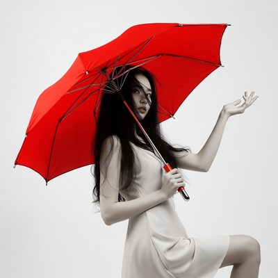 Asian woman holding red umbrella