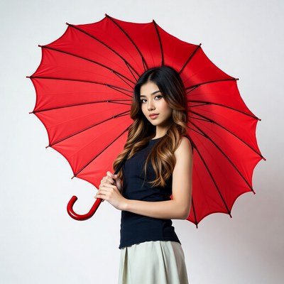 Asian woman holding red umbrella