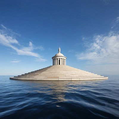 Temple with Statue Floating on Water