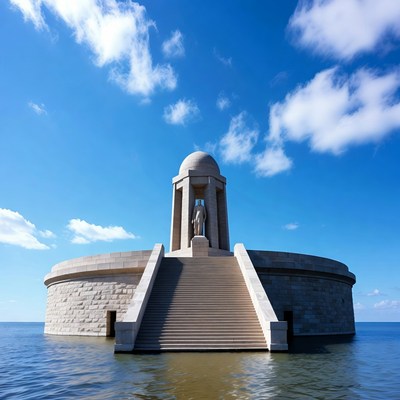 Statue in stone monument on water
