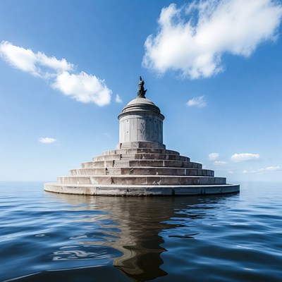 Statue atop pedestal in water
