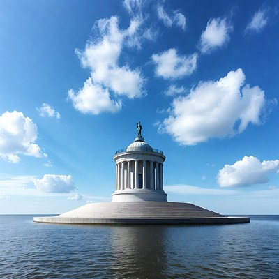 White Temple Statue on Island Lake
