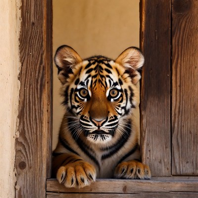Tiger cub peeking through window