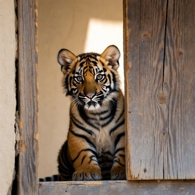 Tiger cub peeking through wooden door