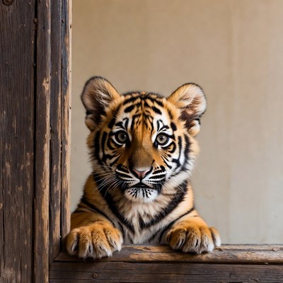 Baby tiger peeking over wooden frame