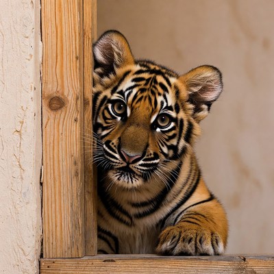 Tiger cub peeking through wooden window