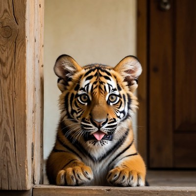 Baby tiger peeking from wooden door