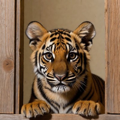 Tiger cub peeking through wooden window