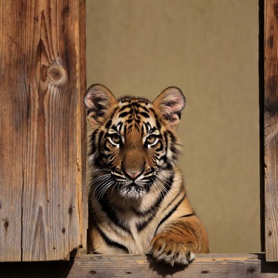 Tiger cub peeking through wooden door