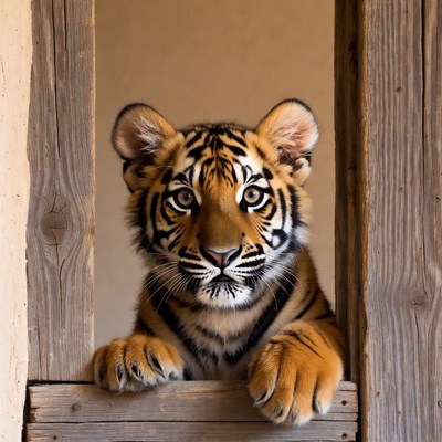 Baby tiger peeking through wooden window