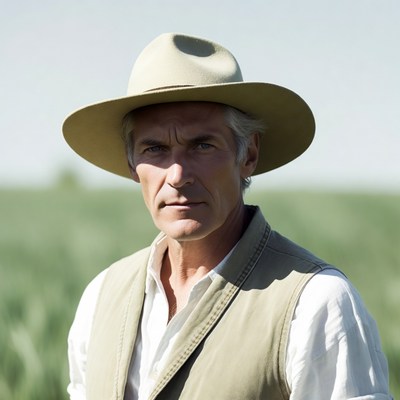 Man in beige hat and vest in field