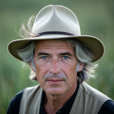 Man wearing beige hat in grass field