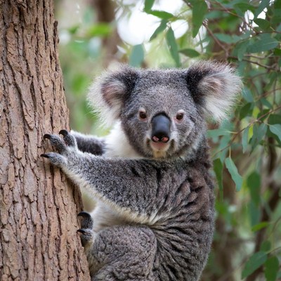 Koala clinging to eucalyptus tree