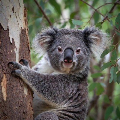 Koala clinging to eucalyptus tree