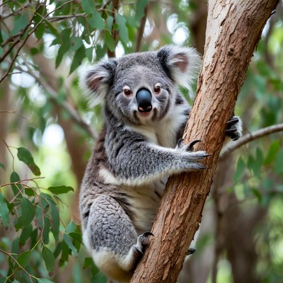 Koala clinging to eucalyptus tree