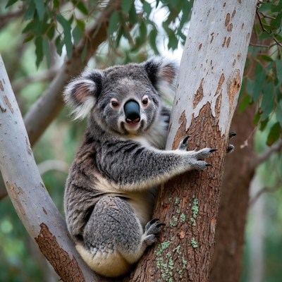 Koala clinging to eucalyptus tree