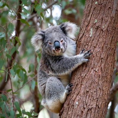 Koala clinging to eucalyptus tree