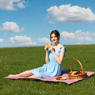 Woman eating sandwich at picnic